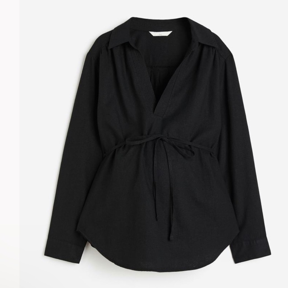 H&M popover linen blend black V-neck shirt with tie belt  NWT Sz L